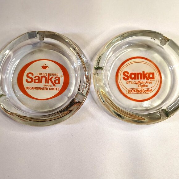 Vintage Sanka Ashtrays Glass 4 Inch Round Lot of 2 Different Advertising Labels - Picture 1 of 16